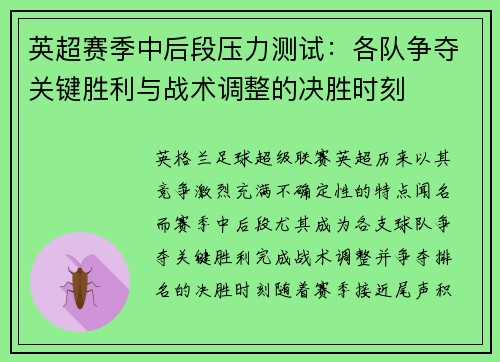 英超赛季中后段压力测试：各队争夺关键胜利与战术调整的决胜时刻