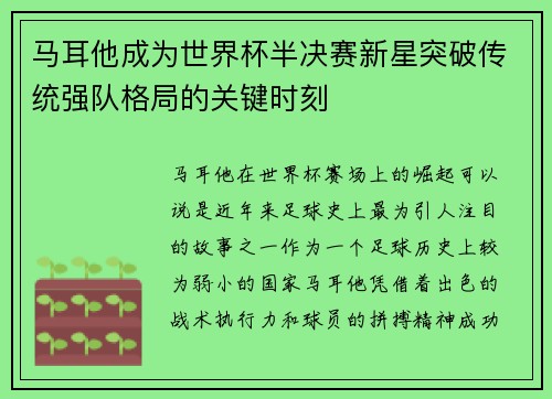 马耳他成为世界杯半决赛新星突破传统强队格局的关键时刻