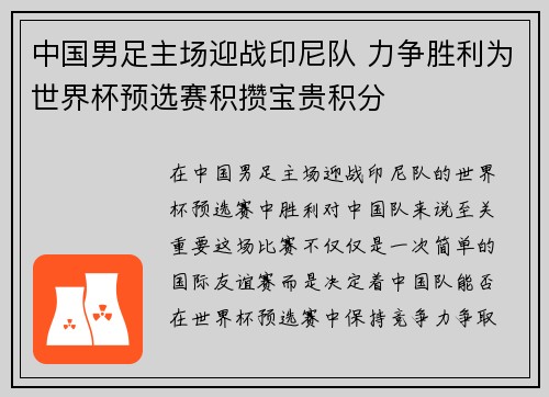 中国男足主场迎战印尼队 力争胜利为世界杯预选赛积攒宝贵积分