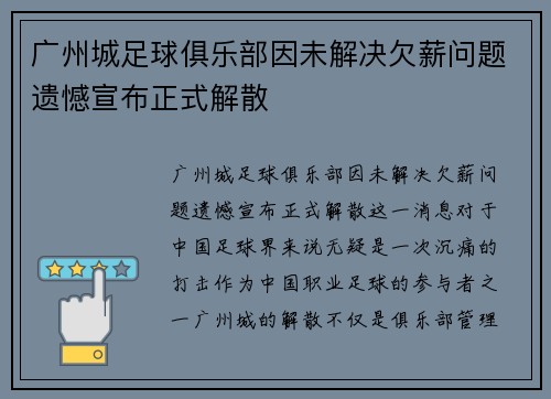 广州城足球俱乐部因未解决欠薪问题遗憾宣布正式解散